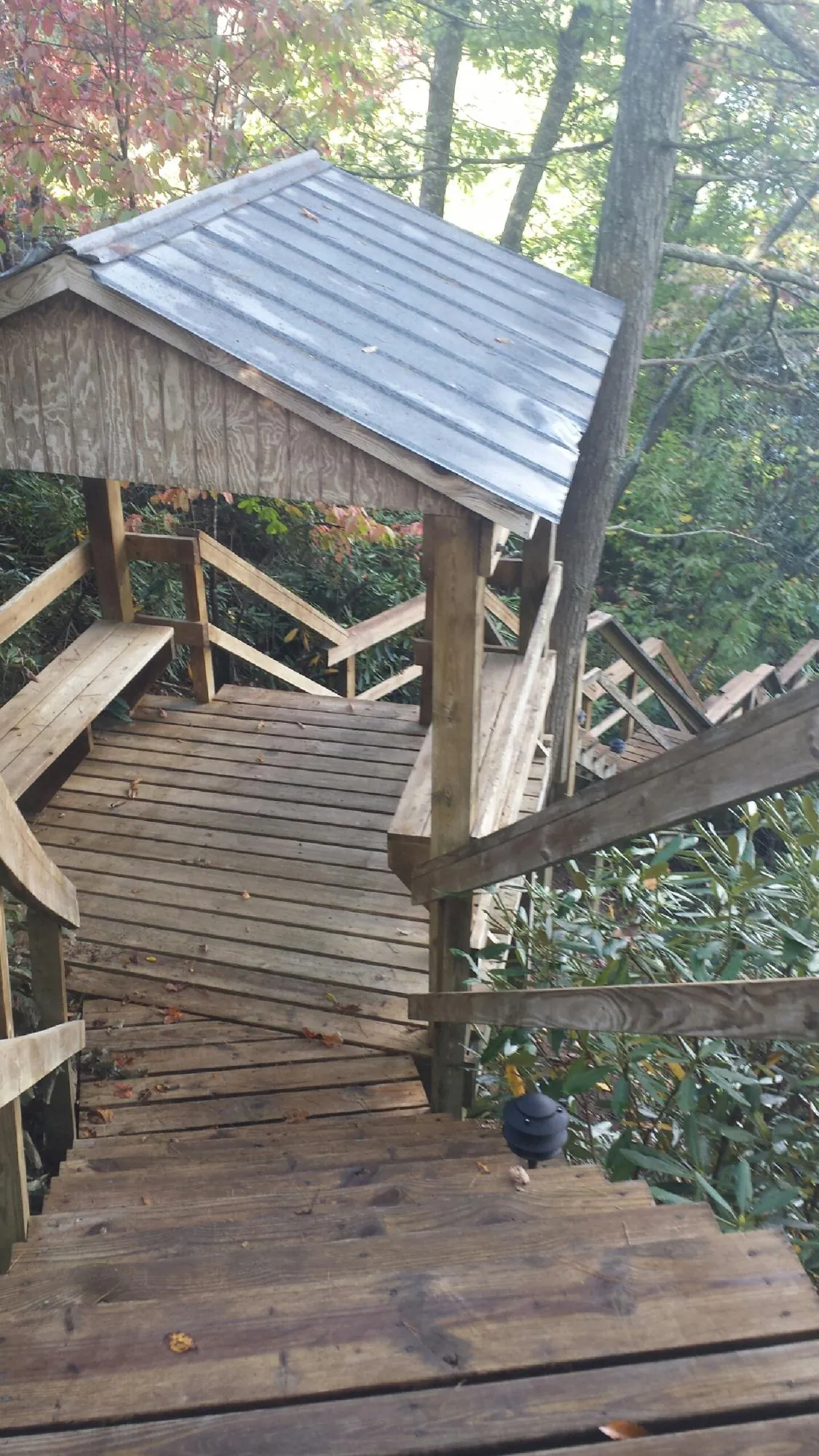 Metal roofed shelter over wooden steps on a wooded walkway — Skylight Repair & Installation work by our crew in Fort Oglethorpe